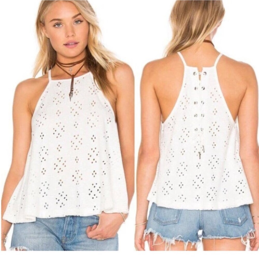 Free People White Eyelet Top Raw Hem Lace Up Back Embroidered Boho Women’s Small
